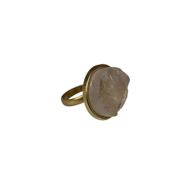bague en acier inoxydable doré, pierre brute en quartz rose diamètre 20mm