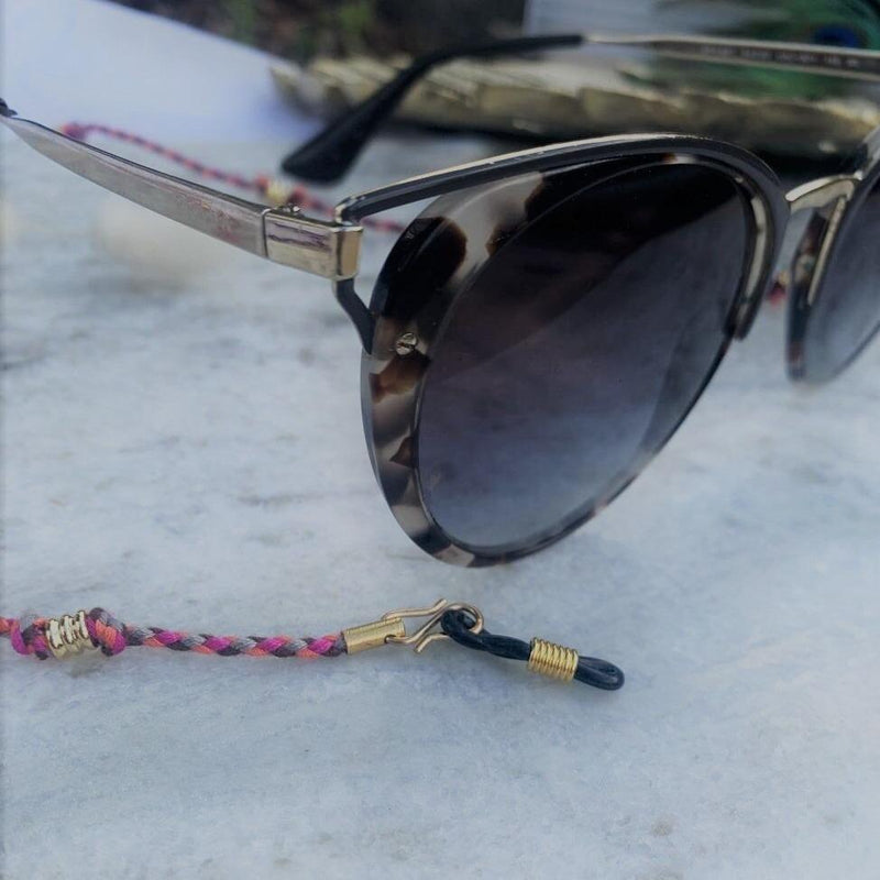 Cordon en coton rainbow corail,fuschia, kaki, marron, peut se porter en chaine de lunettes grâce aux embouts offerts